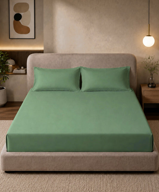 Sage Green Solid Fitted Bedsheet With Pillow Cover