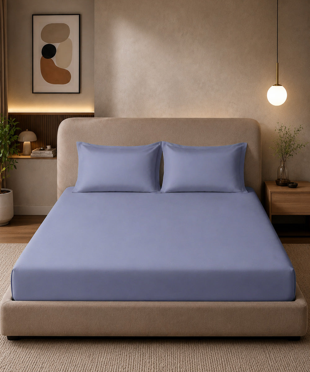 Periwinkle Blue Solid Fitted Bedsheet With Pillow Cover