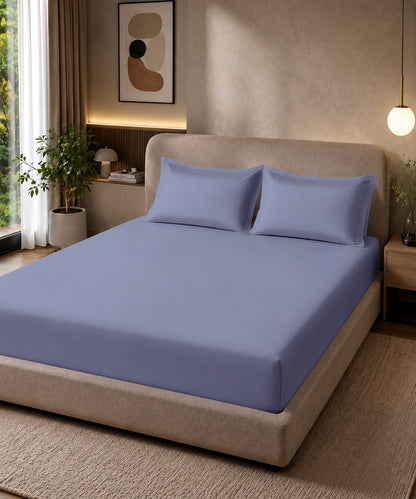 Periwinkle Blue Solid Fitted Bedsheet With Pillow Cover
