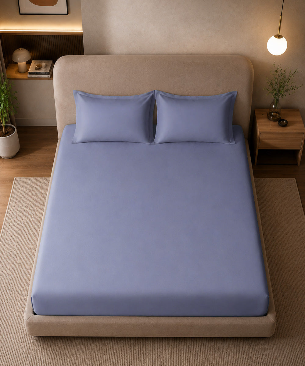 Periwinkle Blue Solid Fitted Bedsheet With Pillow Cover
