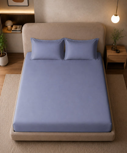 Periwinkle Blue Solid Fitted Bedsheet With Pillow Cover