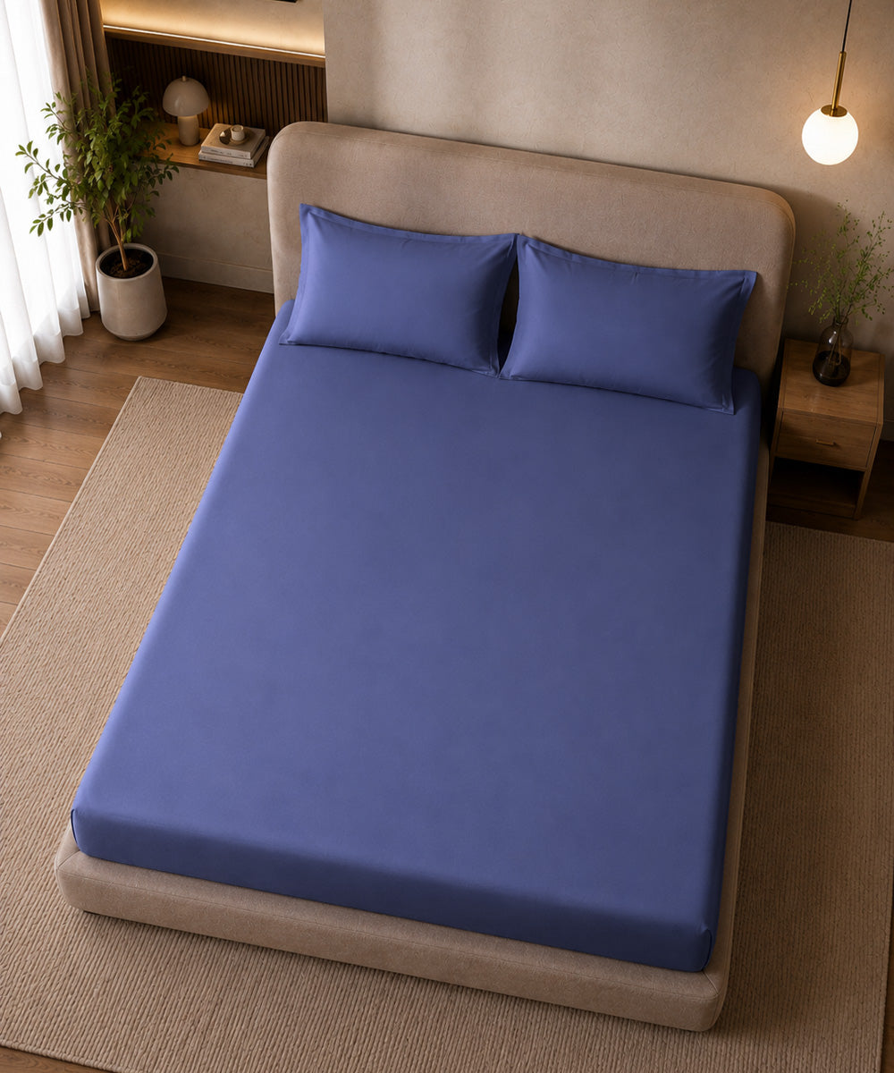Royal Blue Solid Fitted Bedsheet With Pillow Cover