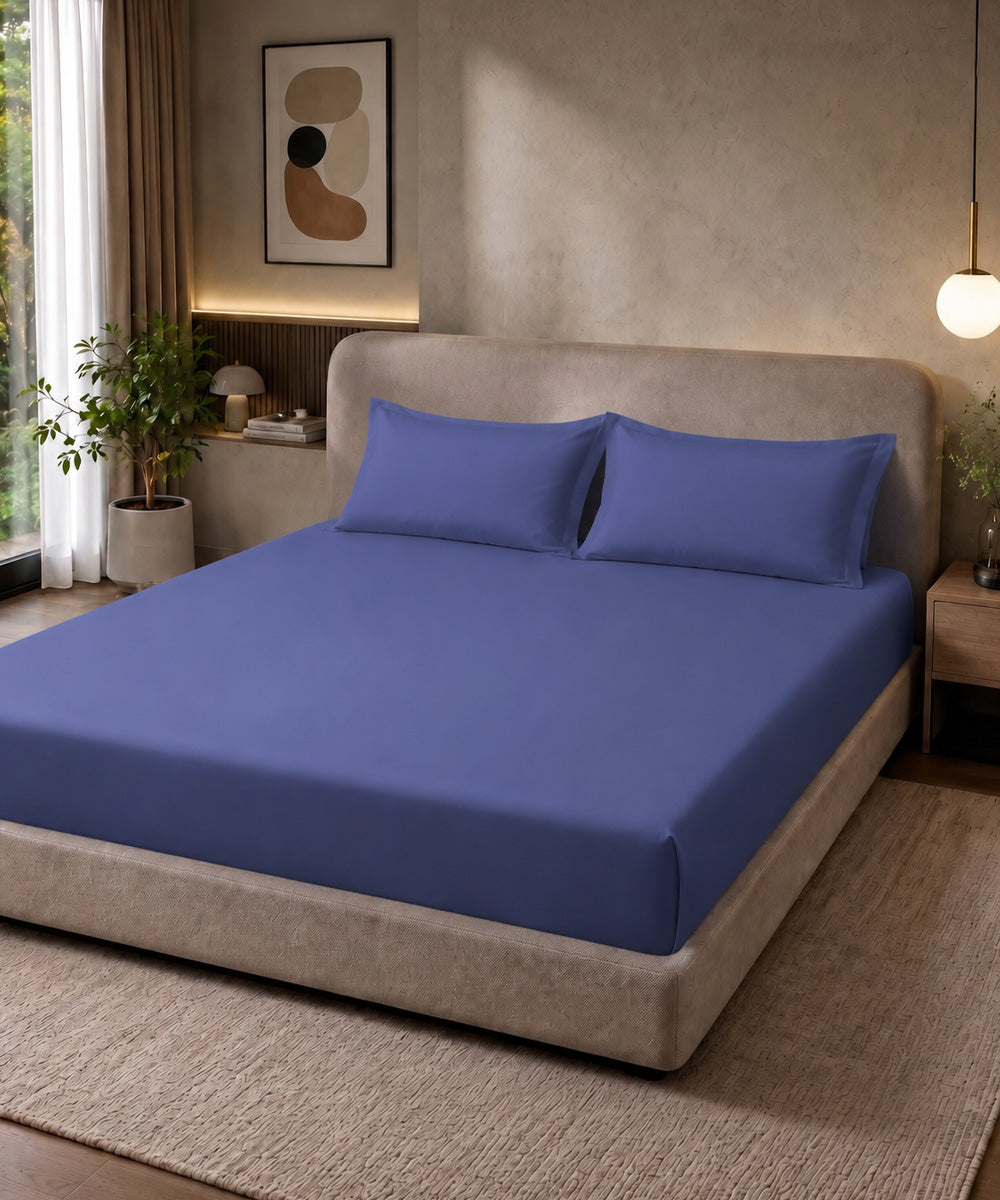 Royal Blue Solid Fitted Bedsheet With Pillow Cover