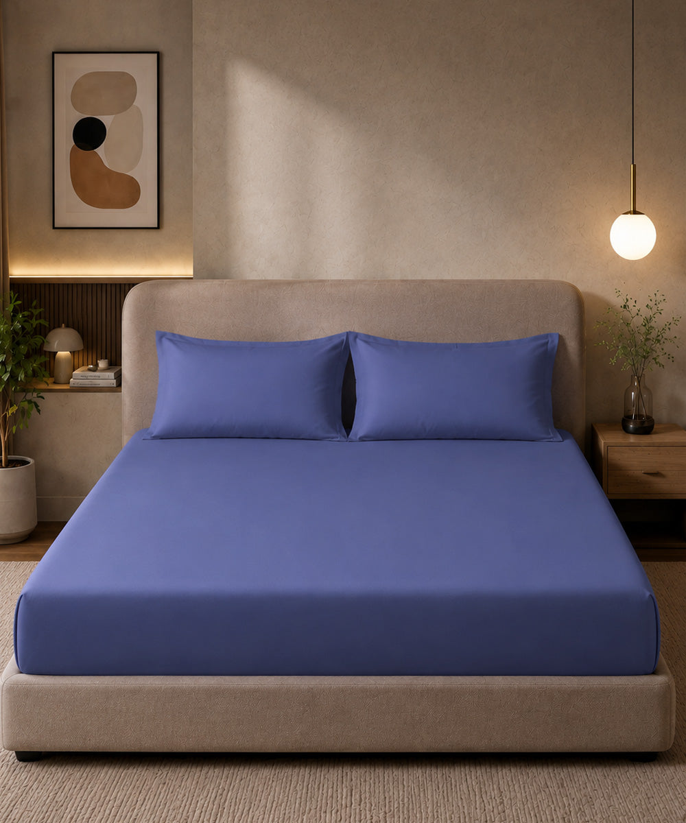 Royal Blue Solid Fitted Bedsheet With Pillow Cover