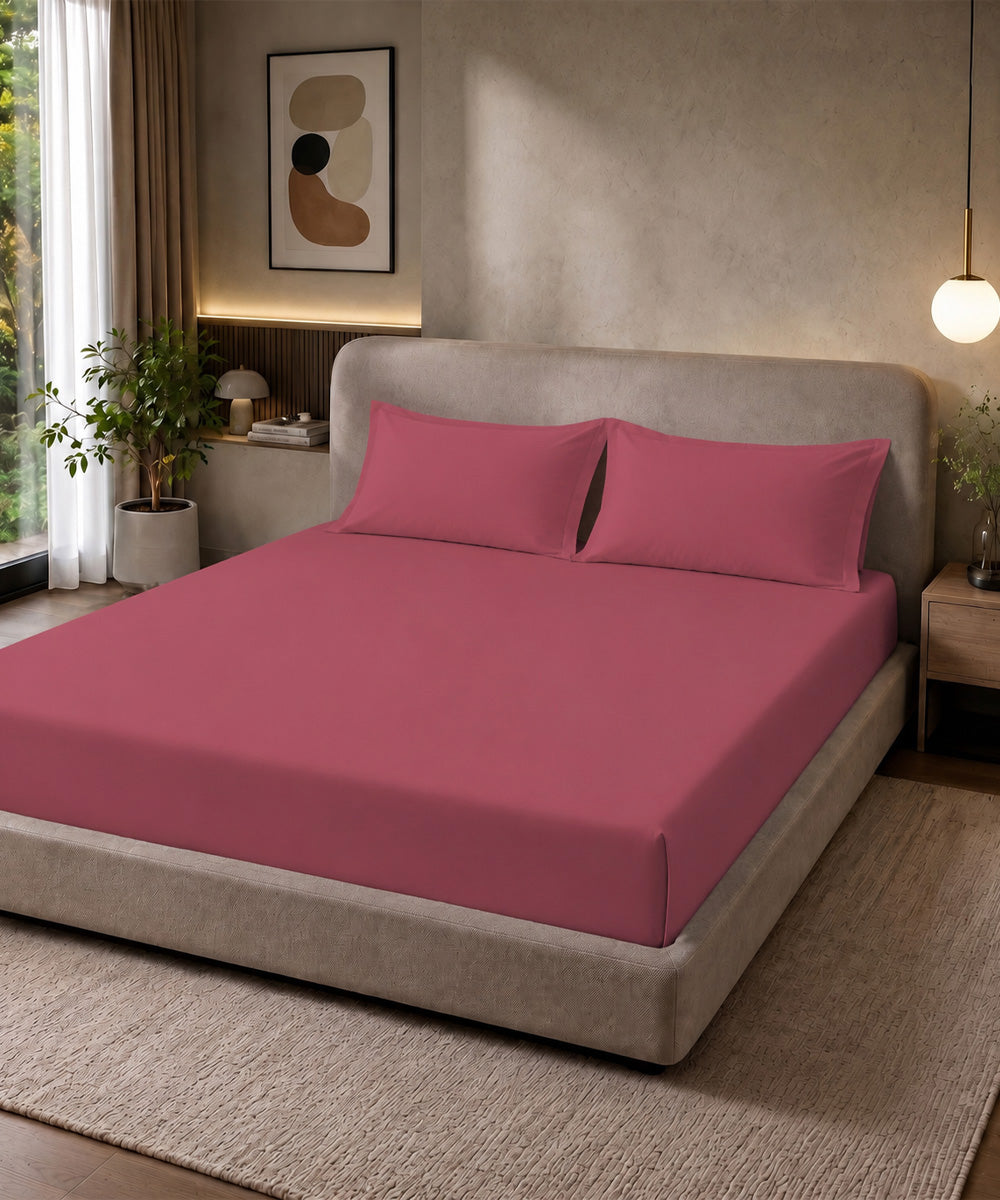 Rosewood Pink Solid Fitted Bedsheet With Pillow Cover