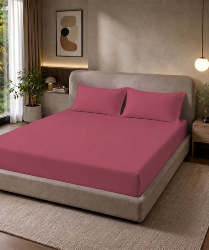 Rosewood Pink Solid Fitted Bedsheet With Pillow Cover