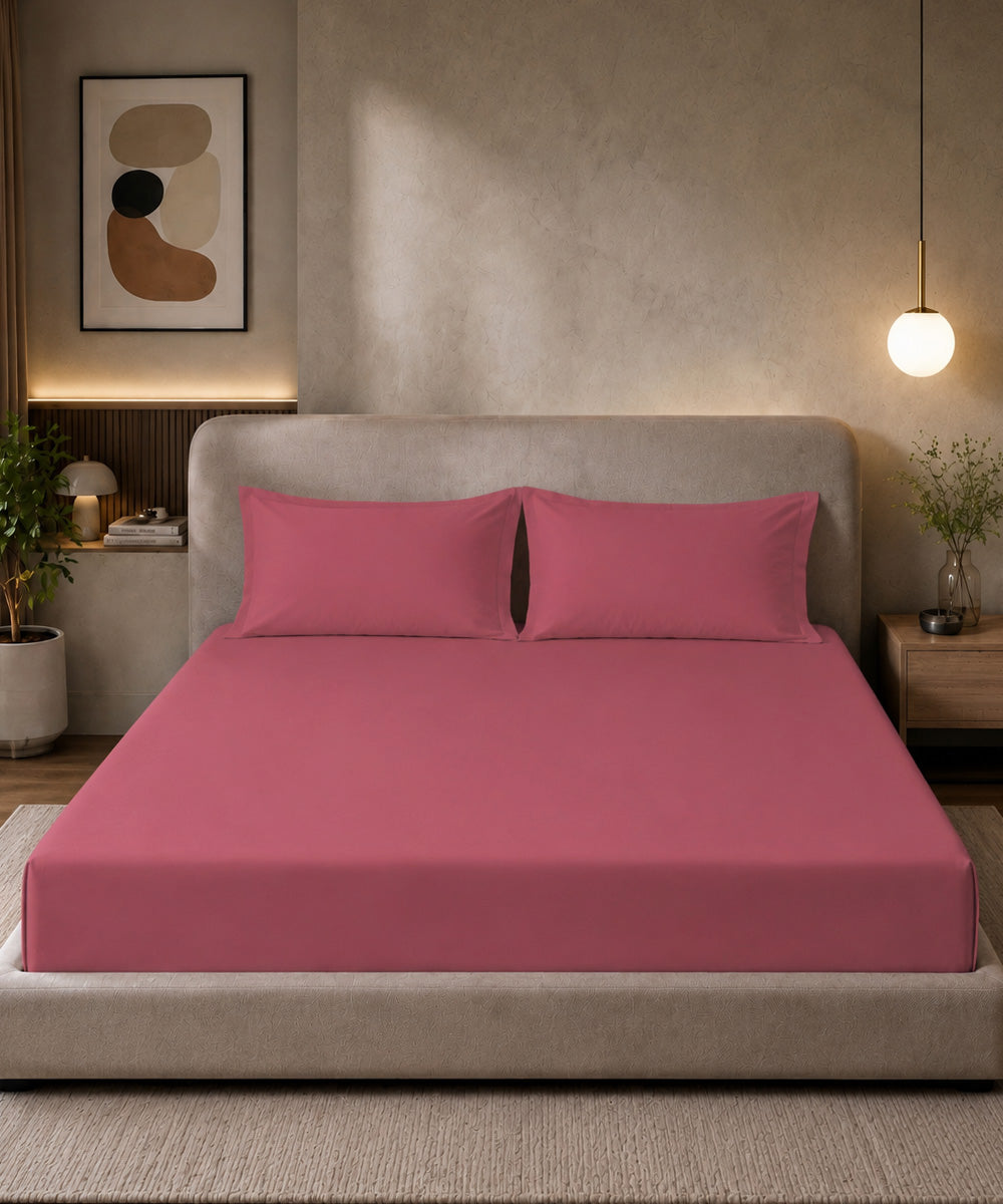Rosewood Pink Solid Fitted Bedsheet With Pillow Cover