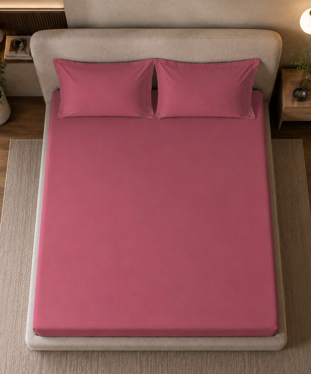 Rosewood Pink Solid Fitted Bedsheet With Pillow Cover