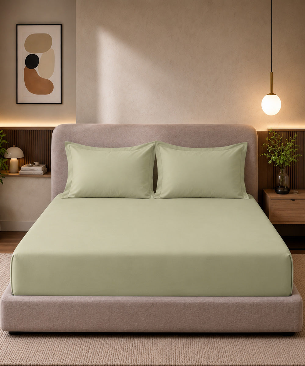Pistachio Green Solid Fitted Bedsheet With Pillow Cover