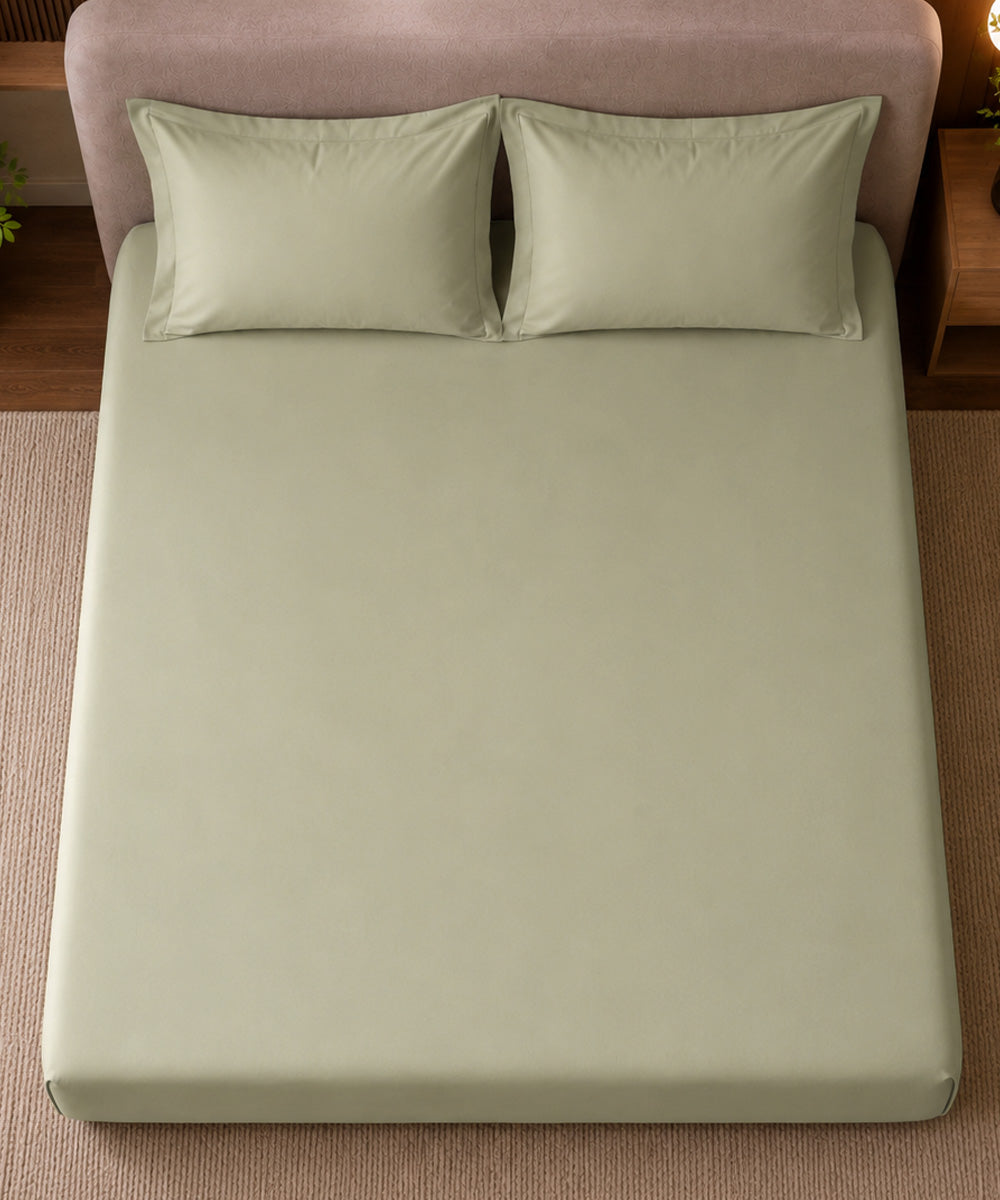 Pistachio Green Solid Fitted Bedsheet With Pillow Cover