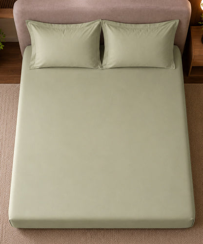 Pistachio Green Solid Fitted Bedsheet With Pillow Cover