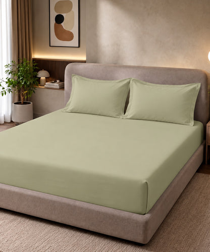 Pistachio Green Solid Fitted Bedsheet With Pillow Cover