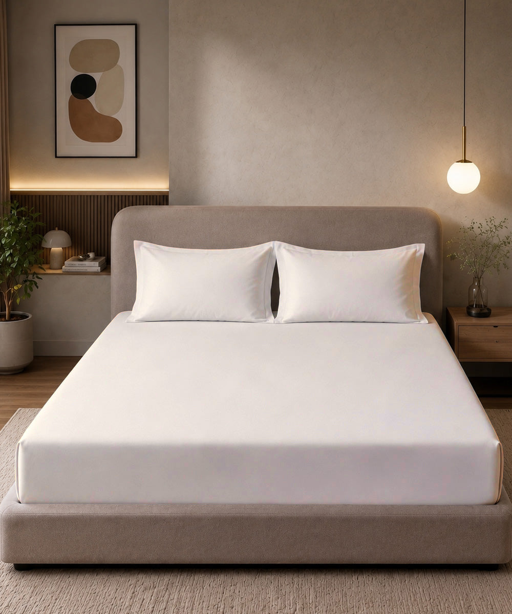 Classic White Solid Fitted Bedsheet With Pillow Cover