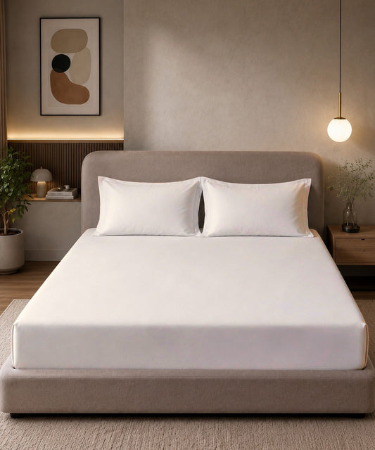 Classic White Solid Fitted Bedsheet With Pillow Cover