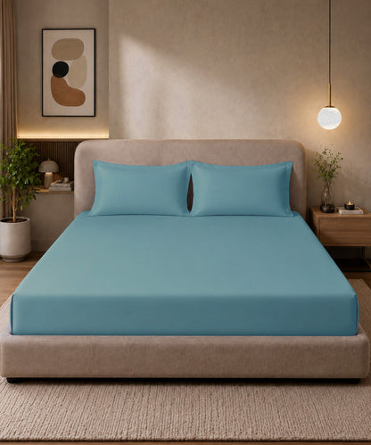 Sky Aqua Solid Fitted Bedsheet With Pillow Cover