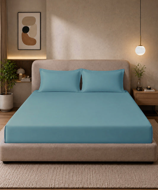 Sky Aqua Solid Fitted Bedsheet With Pillow Cover