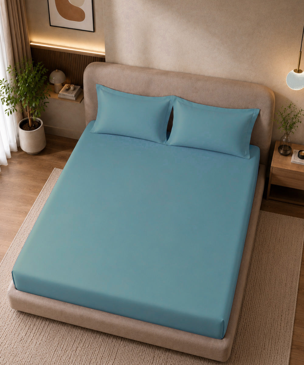 Sky Aqua Solid Fitted Bedsheet With Pillow Cover