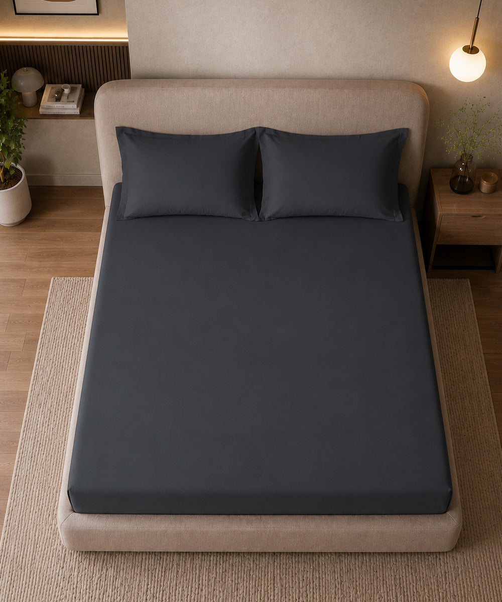 Graphite Grey Solid Fitted Bedsheet With Pillow Cover