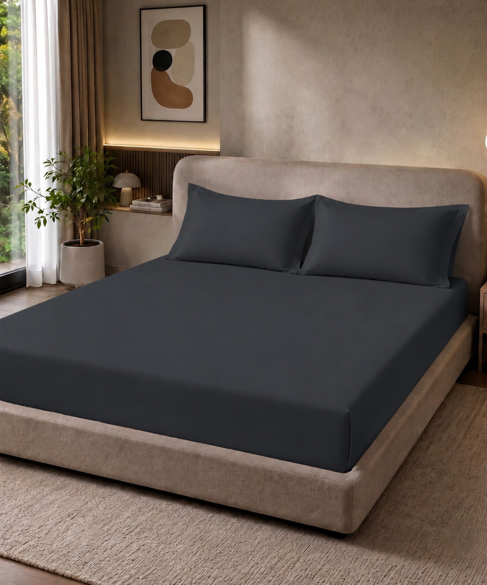 Graphite Grey Solid Fitted Bedsheet With Pillow Cover