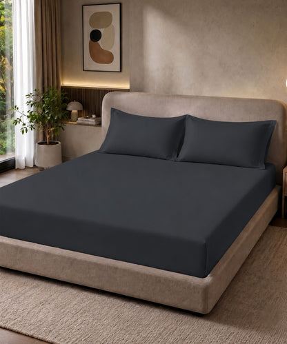 Graphite Grey Solid Fitted Bedsheet With Pillow Cover