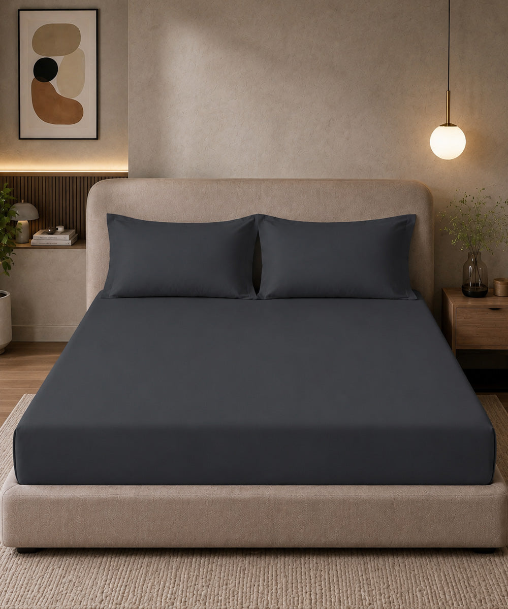 Graphite Grey Solid Fitted Bedsheet With Pillow Cover