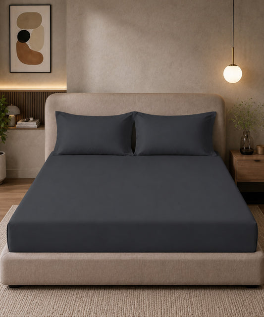 Graphite Grey Solid Fitted Bedsheet With Pillow Cover