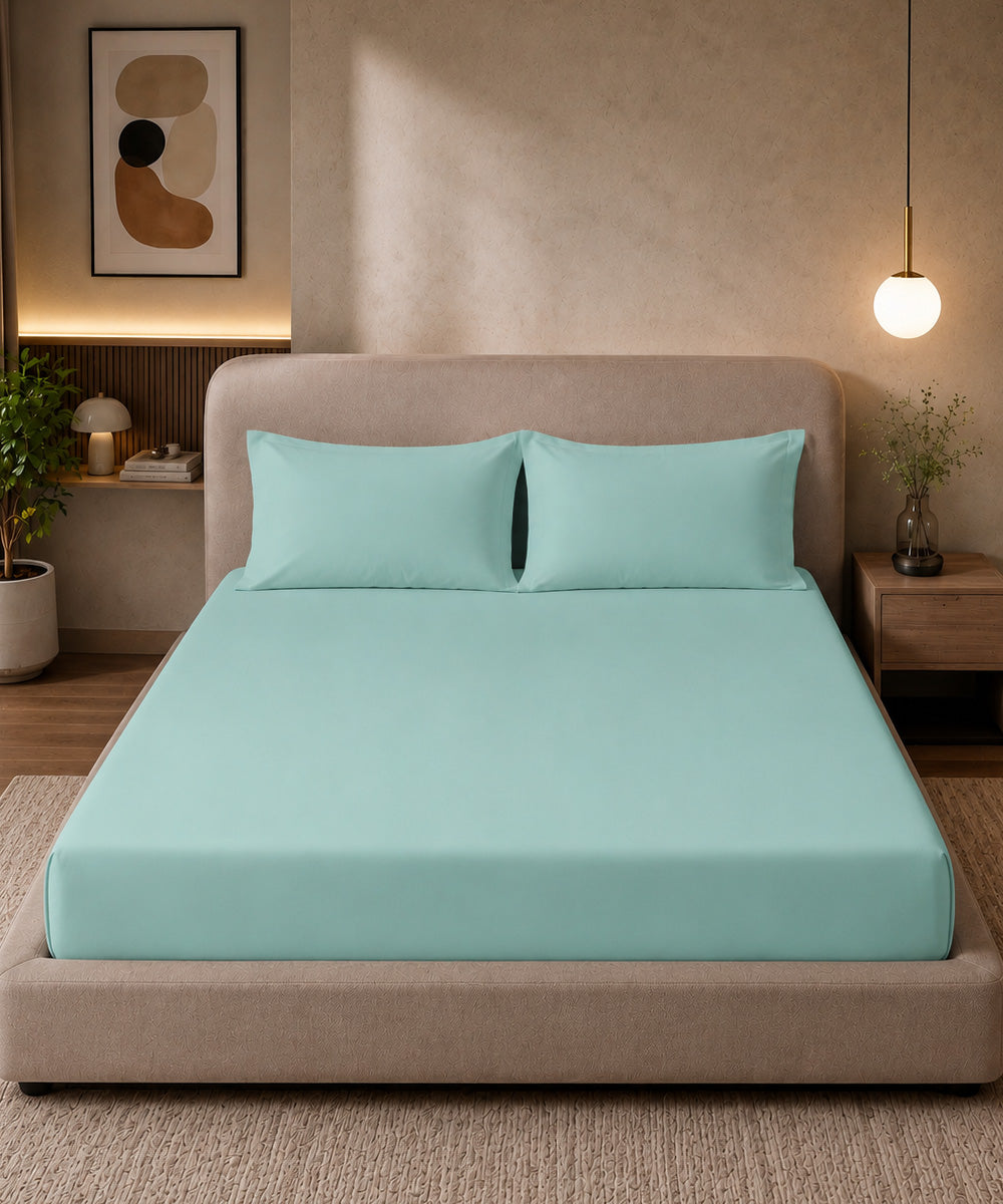 Aqua Mint Solid Fitted Bedsheet With Pillow Cover