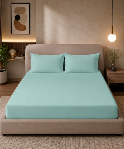 Aqua Mint Solid Fitted Bedsheet With Pillow Cover
