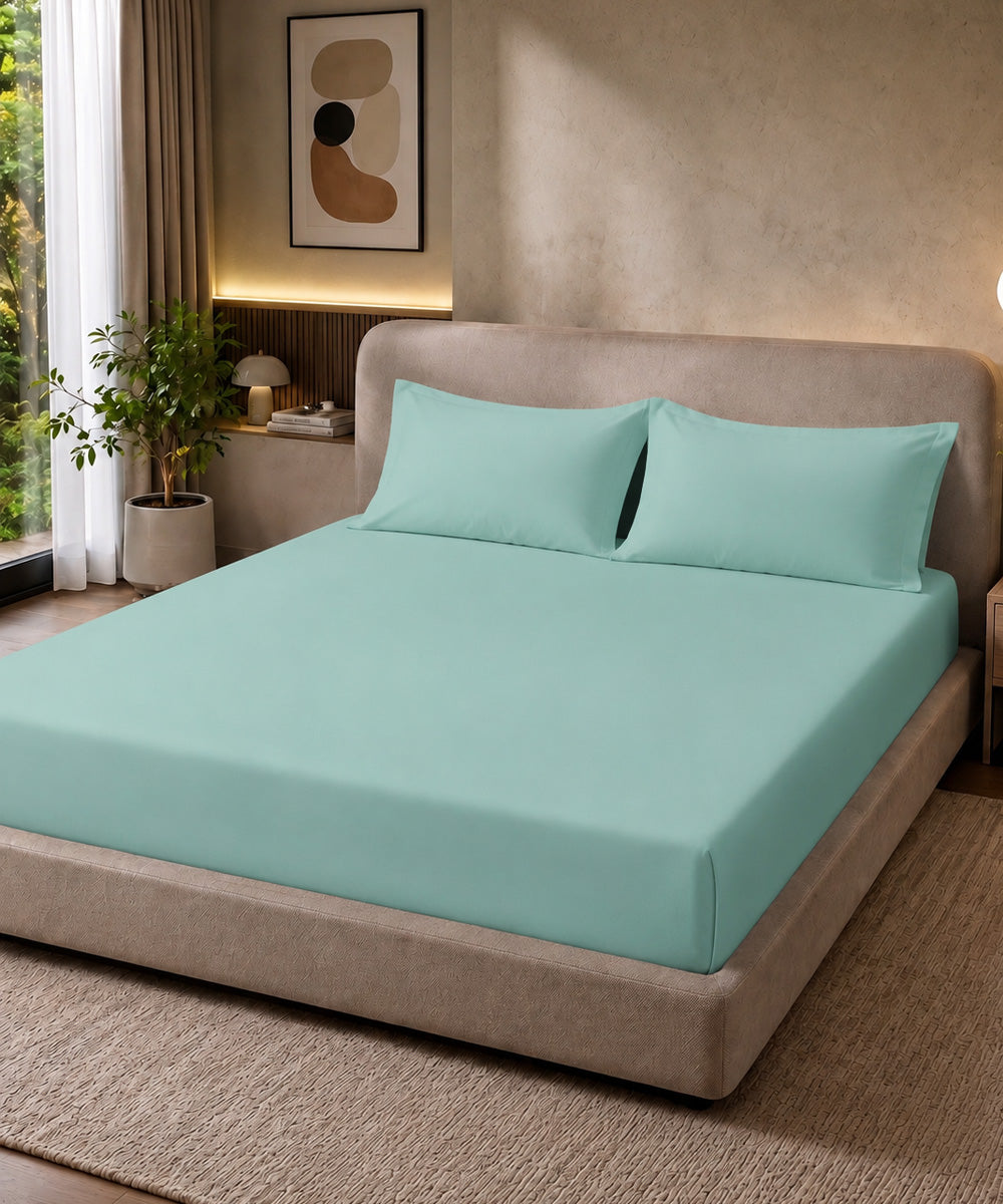 Aqua Mint Solid Fitted Bedsheet With Pillow Cover
