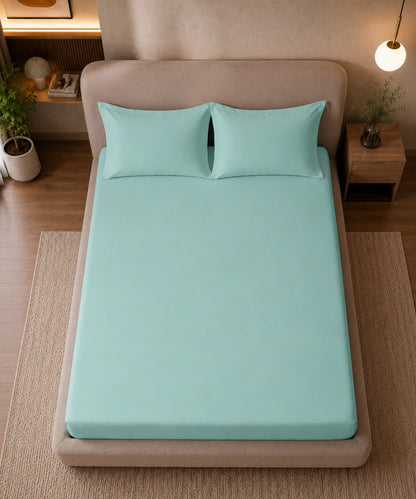 Aqua Mint Solid Fitted Bedsheet With Pillow Cover