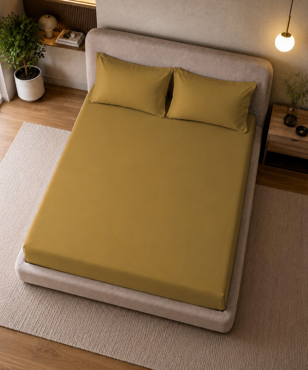 Golden Mustard Solid Fitted Bedsheet With Pillow Cover