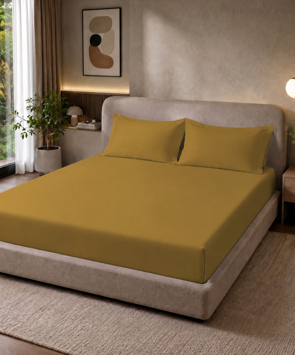Golden Mustard Solid Fitted Bedsheet With Pillow Cover