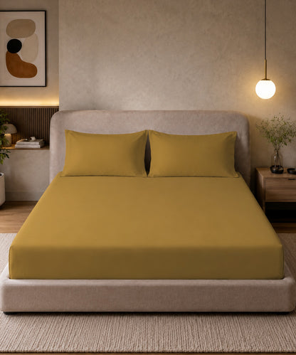 Golden Mustard Solid Fitted Bedsheet With Pillow Cover
