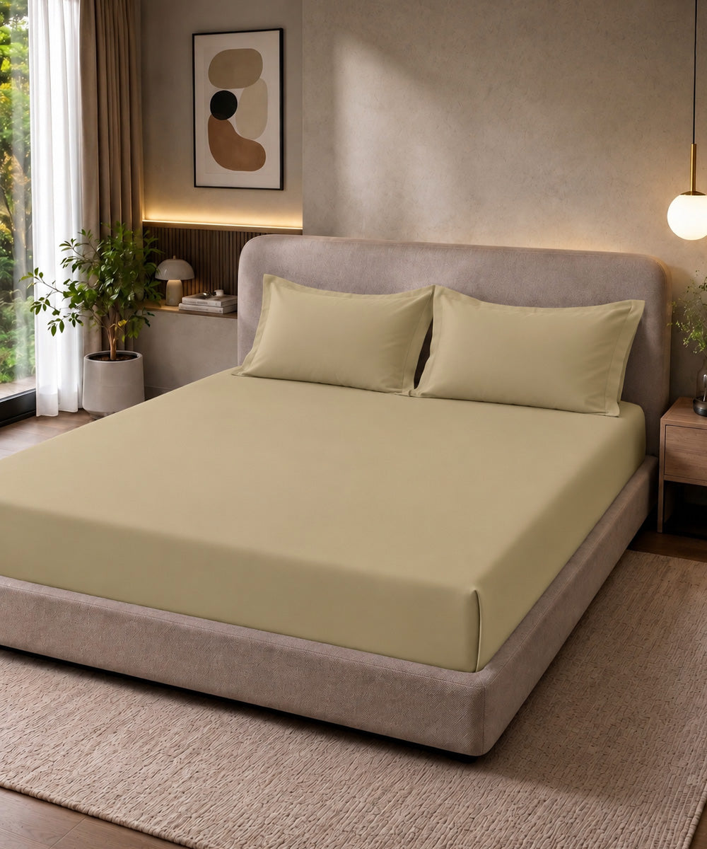 Warm Sand Beige Solid Fitted Bedsheet With Pillow Cover