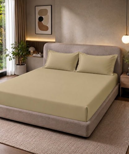 Warm Sand Beige Solid Fitted Bedsheet With Pillow Cover