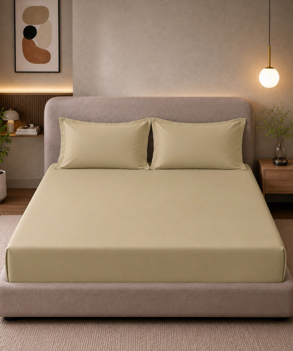 Warm Sand Beige Solid Fitted Bedsheet With Pillow Cover