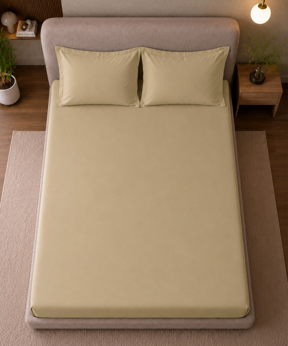 Warm Sand Beige Solid Fitted Bedsheet With Pillow Cover