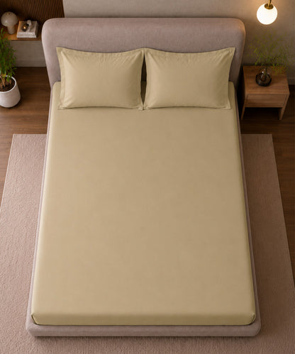 Warm Sand Beige Solid Fitted Bedsheet With Pillow Cover