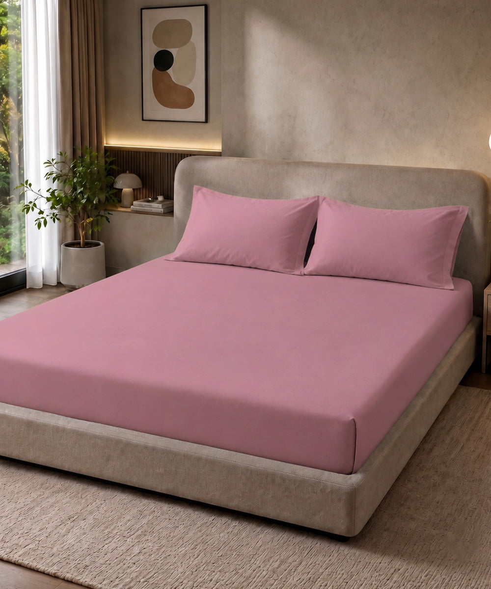 Rose Pink Solid Fitted Bedsheet With Pillow Cover