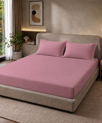 Rose Pink Solid Fitted Bedsheet With Pillow Cover
