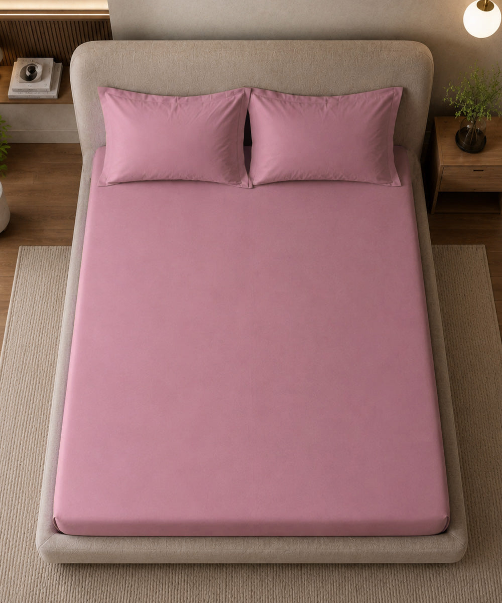 Rose Pink Solid Fitted Bedsheet With Pillow Cover