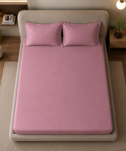 Rose Pink Solid Fitted Bedsheet With Pillow Cover