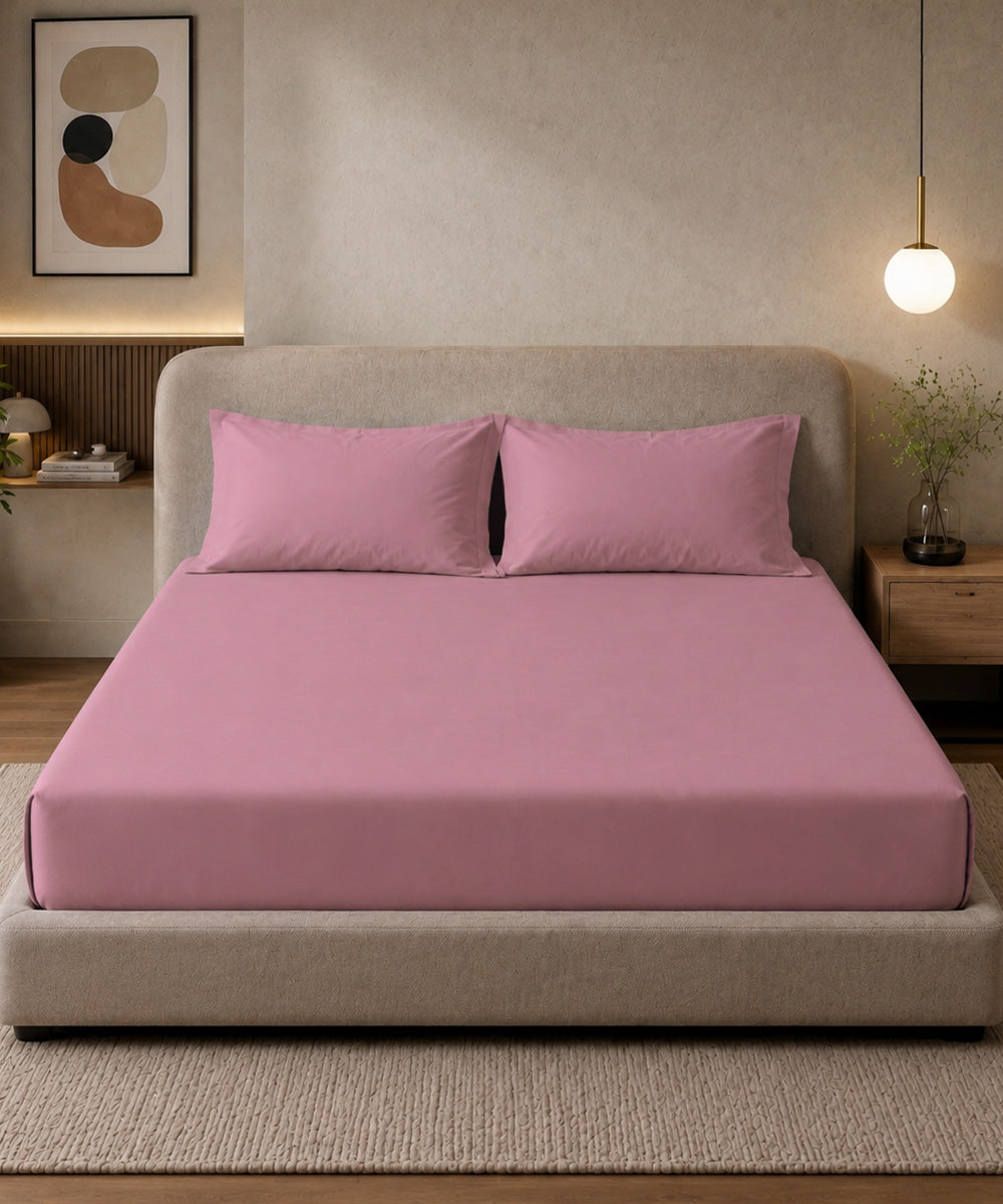 Rose Pink Solid Fitted Bedsheet With Pillow Cover