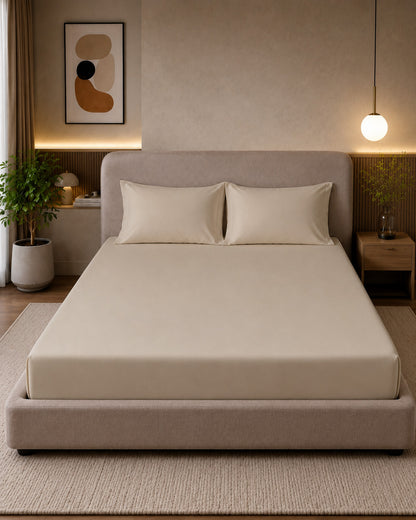 Pearl Solid Fitted Bedsheet With Pillow Cover
