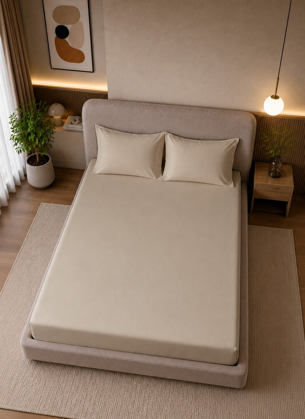 Pearl Solid Fitted Bedsheet With Pillow Cover