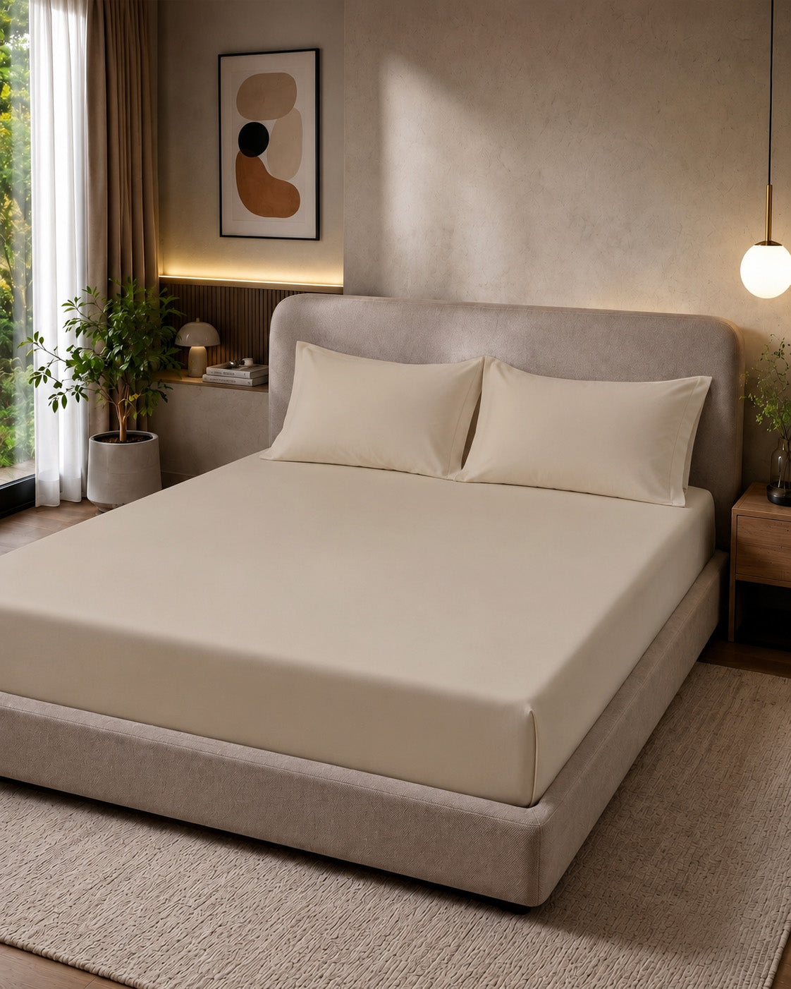 Pearl Solid Fitted Bedsheet With Pillow Cover