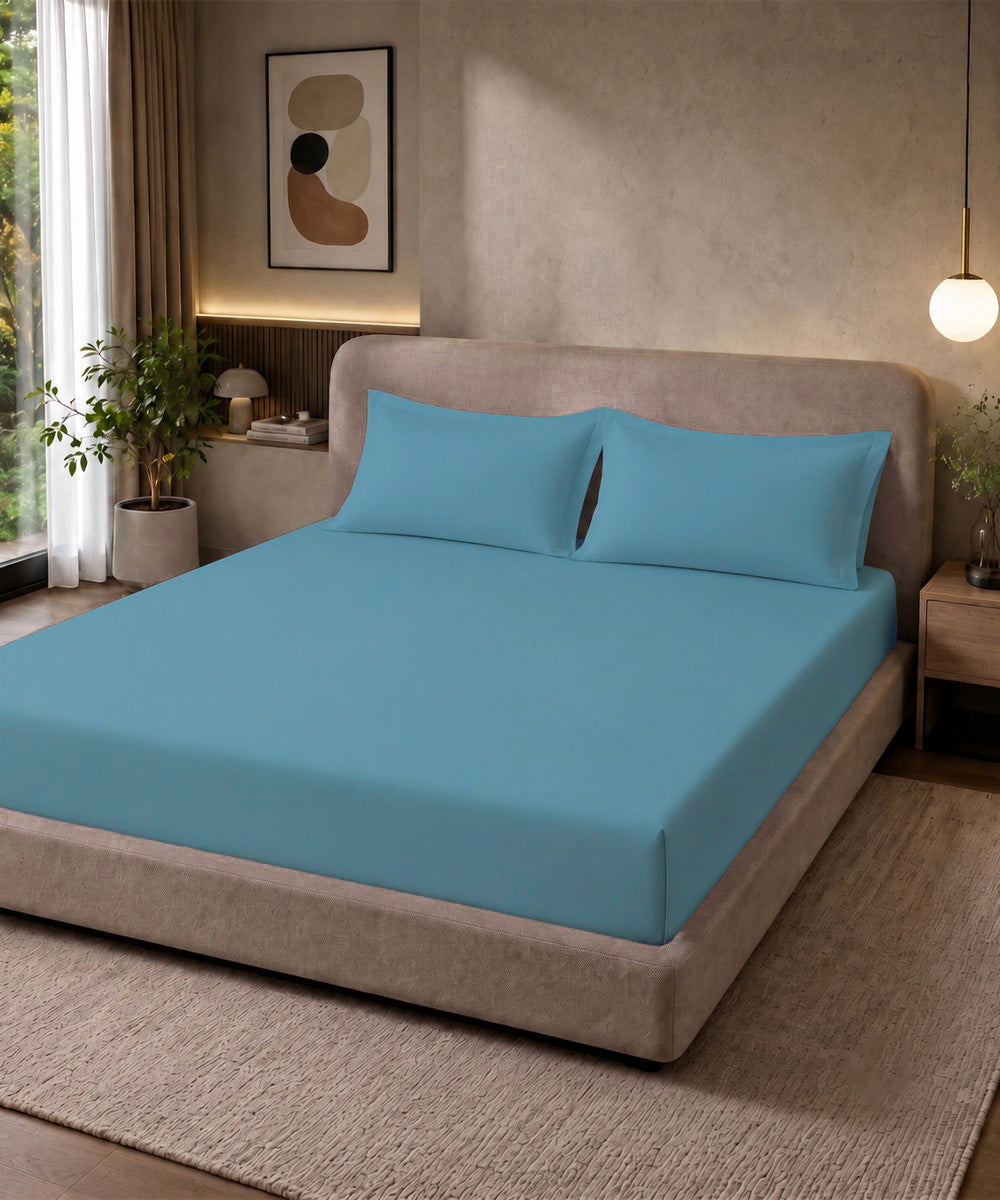 Ocean Mist Blue Solid Fitted Bedsheet With Pillow Cover