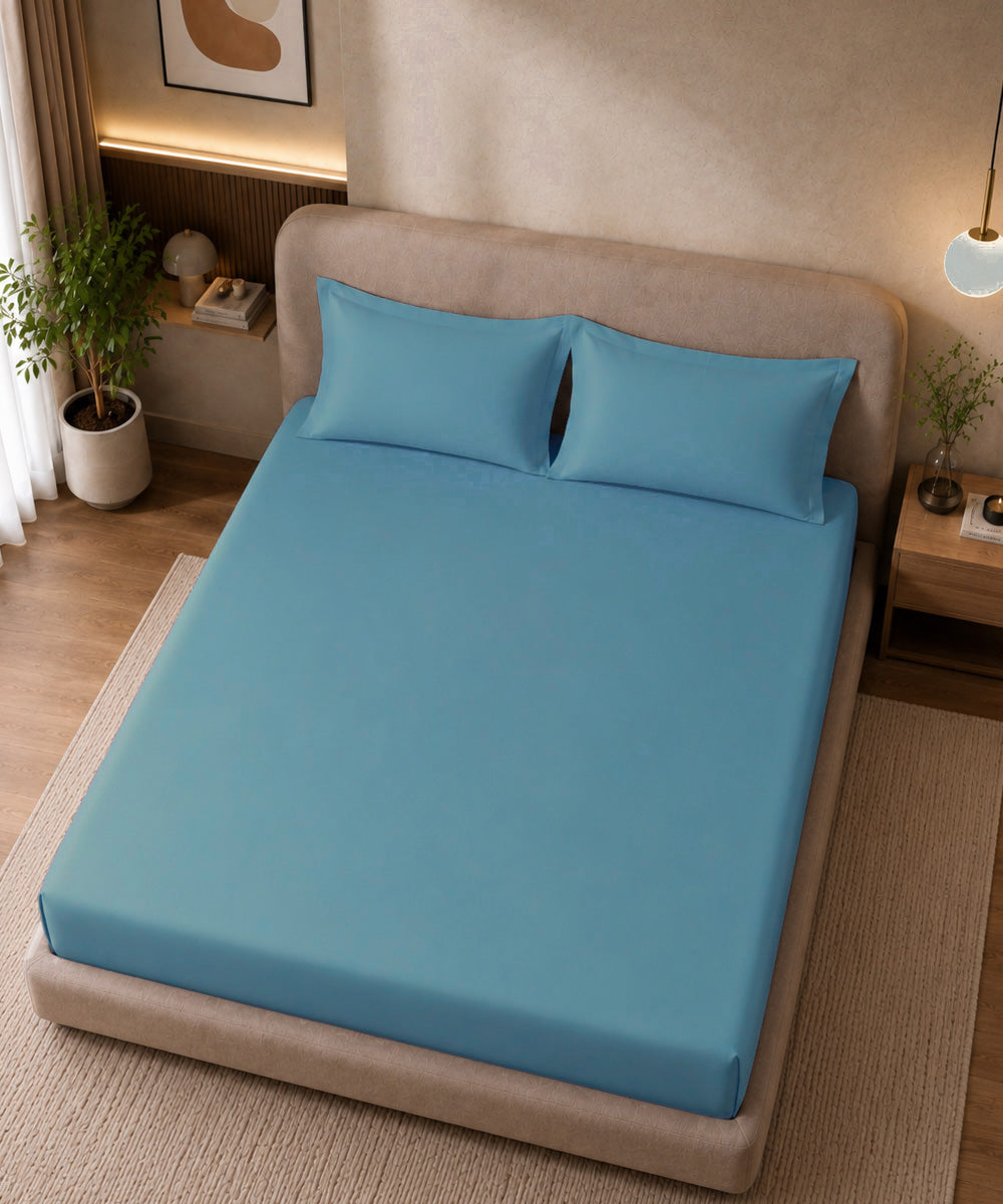 Ocean Mist Blue Solid Fitted Bedsheet With Pillow Cover