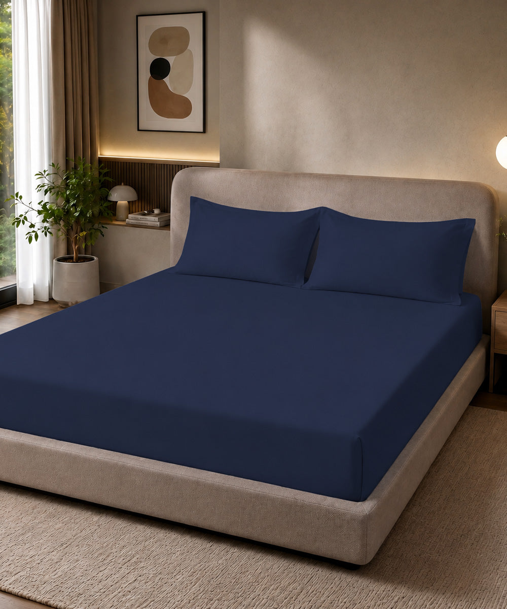 Dark Blue Solid Fitted Bedsheet With Pillow Cover