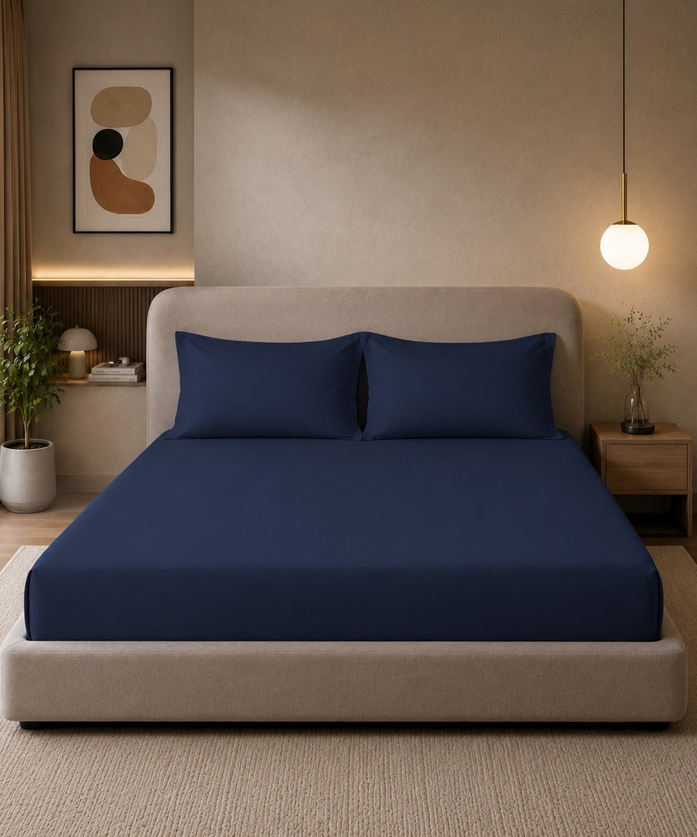Dark Blue Solid Fitted Bedsheet With Pillow Cover